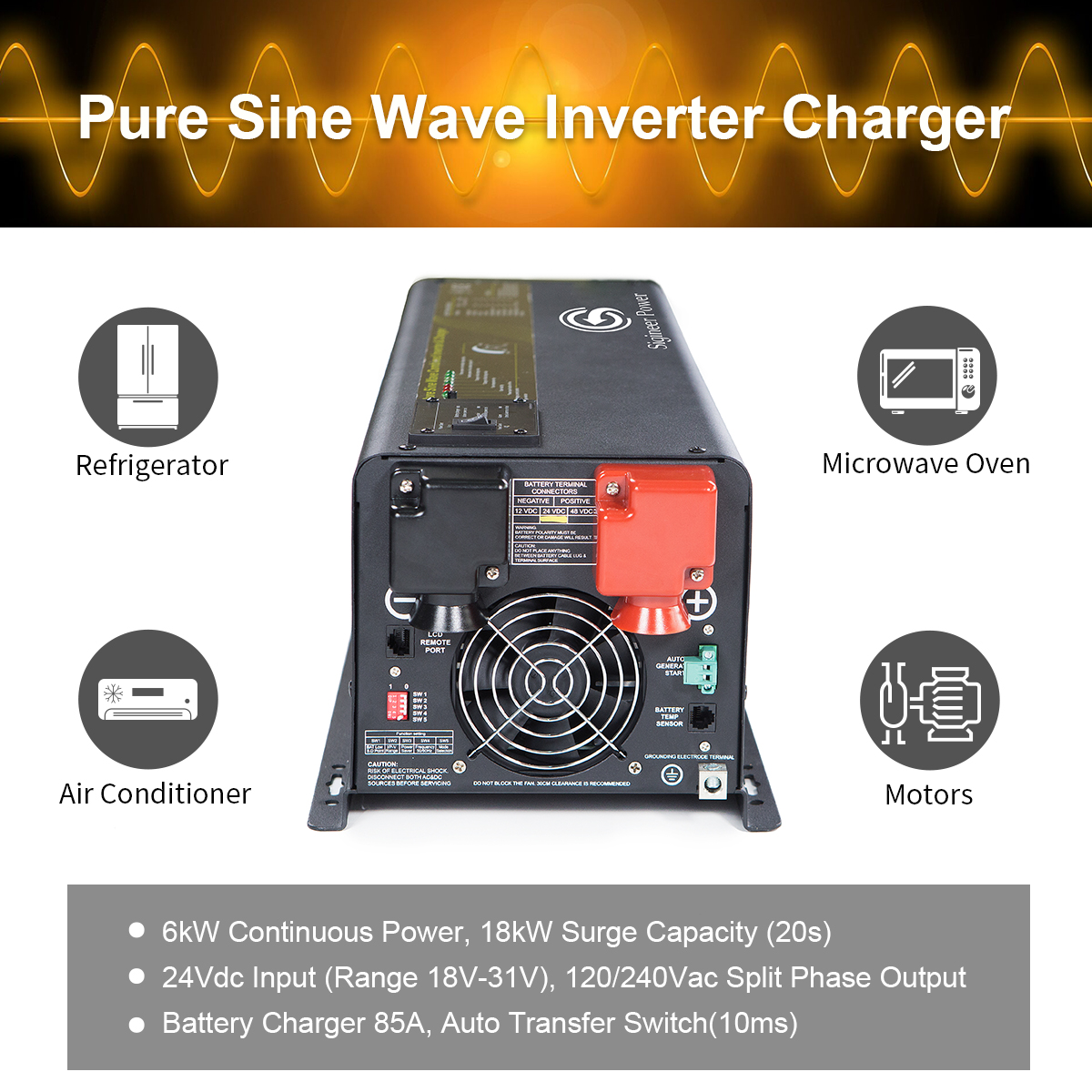 LCD Remote Controller Solar Inverter VEVOR Pure Sine Wave Power Inverter 6000W Low Frequency Inverter Peak 18000W Pure Sine Inverter Charger 48VDC 120V/240VAC Split Phase with Battery AC Charger